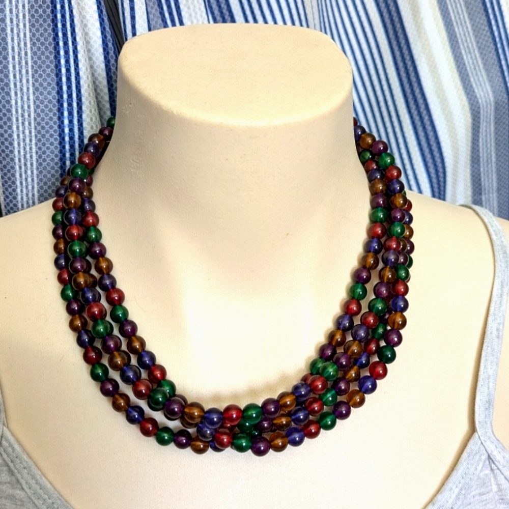 Vintage 4 Strand Multicolor Beaded Necklace Acrylic Plastic Beads Multi-Strand